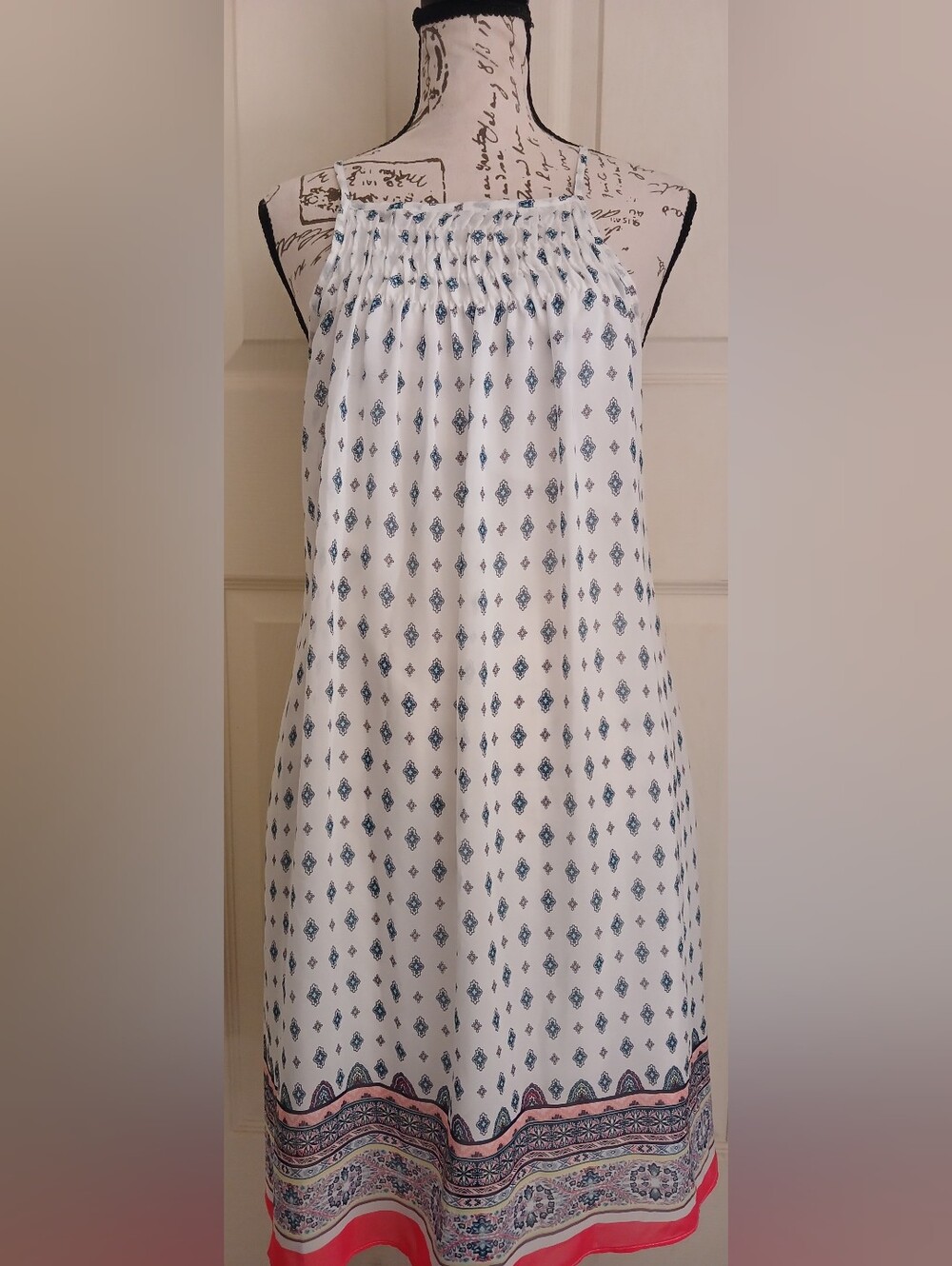 5/$25 Sequin Hearts White Dress with Navy and Coral Border